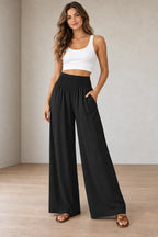 Women's Smocked Wide-Leg Pants - High Waist Lounge Pants with Pockets - Black