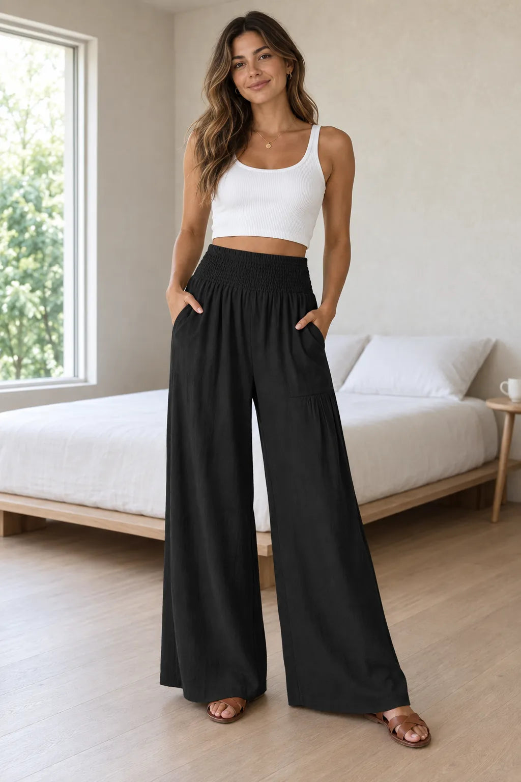 Women's Smocked Wide-Leg Pants - High Waist Lounge Pants with Pockets - Black
