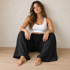 Women's Smocked Wide-Leg Pants - High Waist Lounge Pants with Pockets - Black