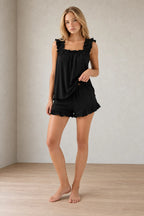 Women's Ruffle Pajama Set - Square Neck Tank Top & Sleep Shorts - Black