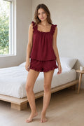 Women's Ruffle Pajama Set - Square Neck Tank Top & Sleep Shorts - Burgundy