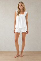 Women's Ruffle Pajama Set - Square Neck Tank Top & Sleep Shorts - White