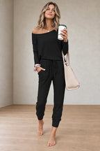Women's Off-Shoulder Lounge Set - Long Sleeve Knit Top & Jogger Pants - Black
