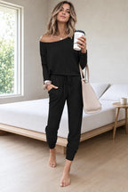 Women's Off-Shoulder Lounge Set - Long Sleeve Knit Top & Jogger Pants - Black