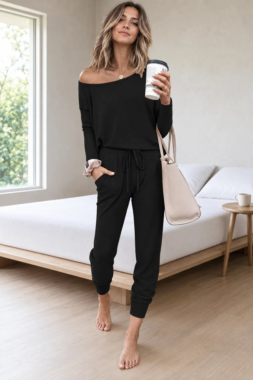 Women's Off-Shoulder Lounge Set - Long Sleeve Knit Top & Jogger Pants - Black