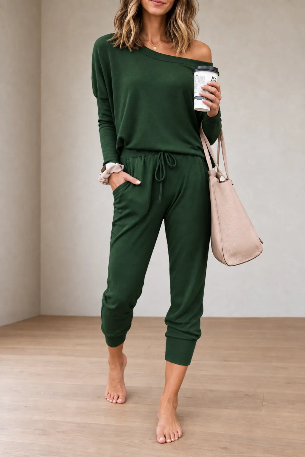 Women's Off-Shoulder Lounge Set - Long Sleeve Knit Top & Jogger Pants - Forest Green