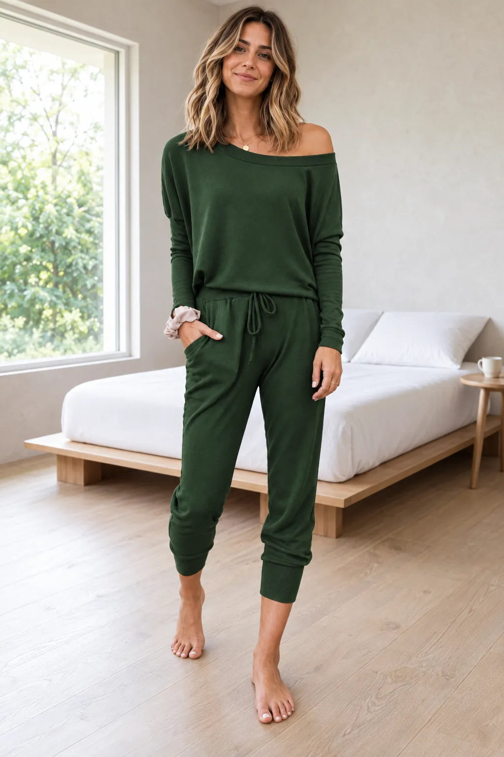 Women's Off-Shoulder Lounge Set - Long Sleeve Knit Top & Jogger Pants - Forest Green