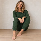Women's Off-Shoulder Lounge Set - Long Sleeve Knit Top & Jogger Pants - Forest Green
