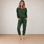 Women's Off-Shoulder Lounge Set - Long Sleeve Knit Top & Jogger Pants - Forest Green
