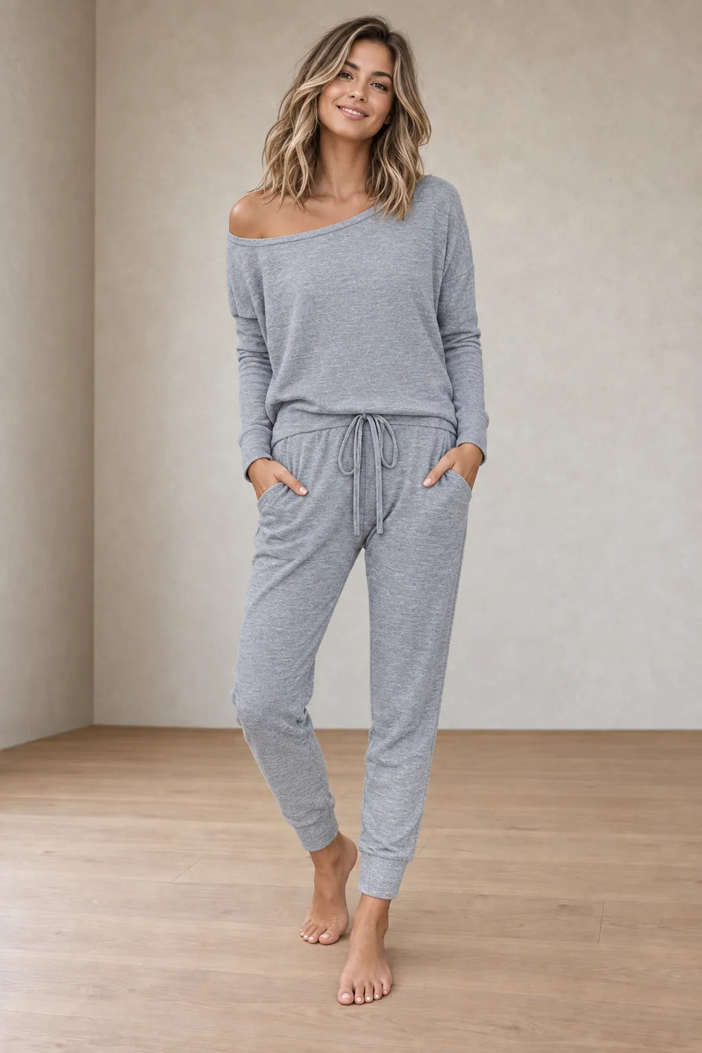 Women's Off-Shoulder Lounge Set - Long Sleeve Knit Top & Jogger Pants - Gray