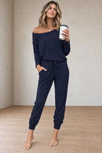 Women's Off-Shoulder Lounge Set - Long Sleeve Knit Top & Jogger Pants - Navy
