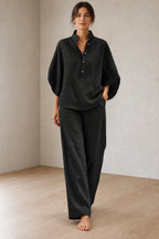 Women's Linen Set - Stand Collar Button Top & Wide-Leg Pants - Black