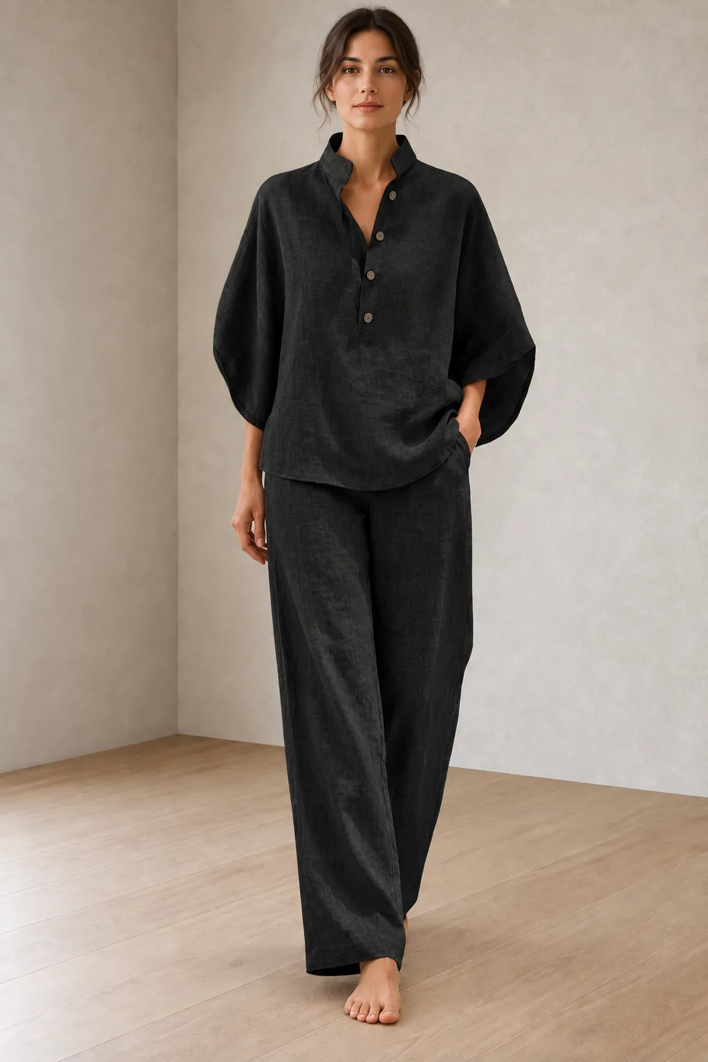 Women's Linen Set - Stand Collar Button Top & Wide-Leg Pants - Black