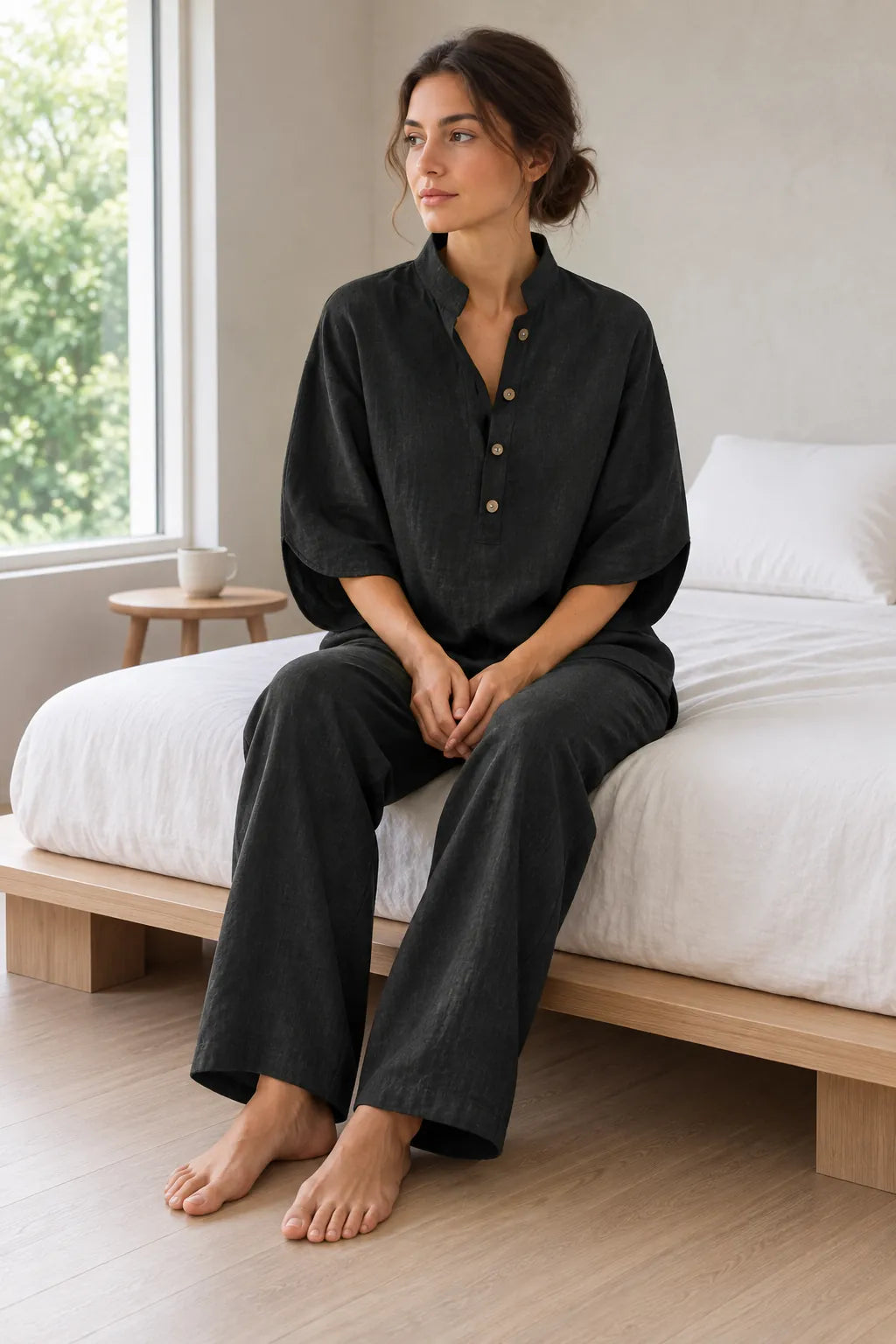 Women's Linen Set - Stand Collar Button Top & Wide-Leg Pants - Black