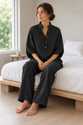 Women's Linen Set - Stand Collar Button Top & Wide-Leg Pants - Black