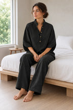 Women's Linen Set - Stand Collar Button Top & Wide-Leg Pants - Black