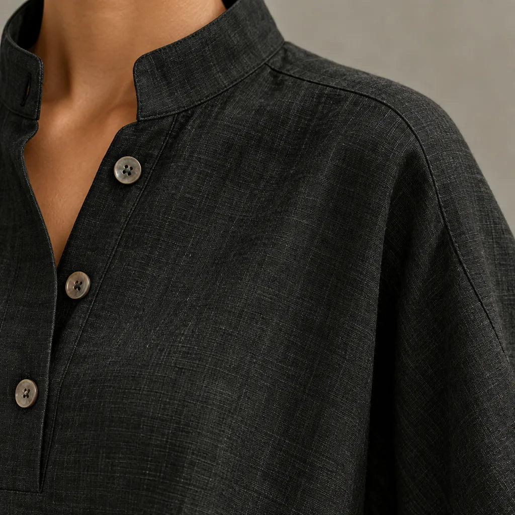Women's Linen Set - Stand Collar Button Top & Wide-Leg Pants - Black