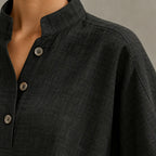 Women's Linen Set - Stand Collar Button Top & Wide-Leg Pants - Black