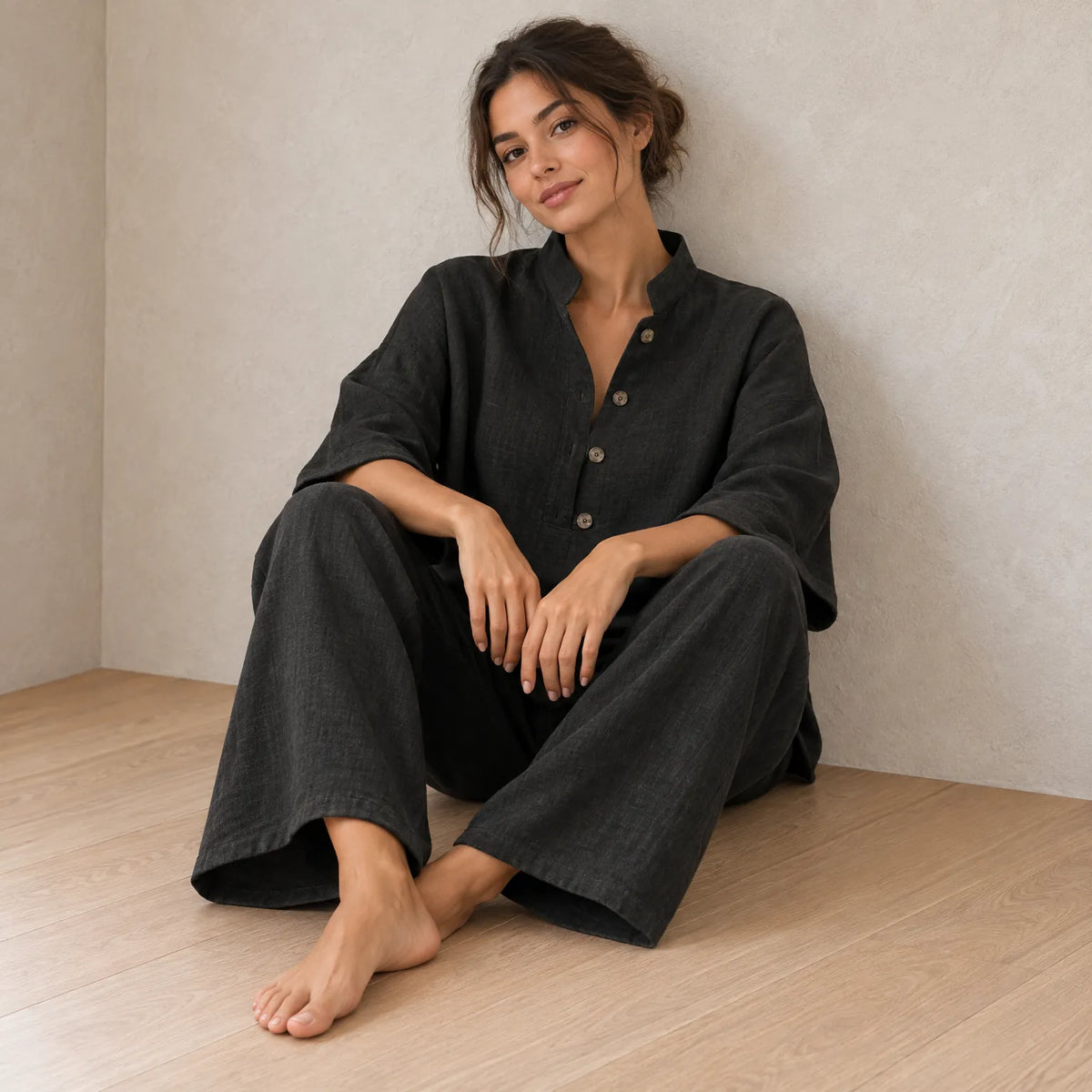 Women's Linen Set - Stand Collar Button Top & Wide-Leg Pants - Black
