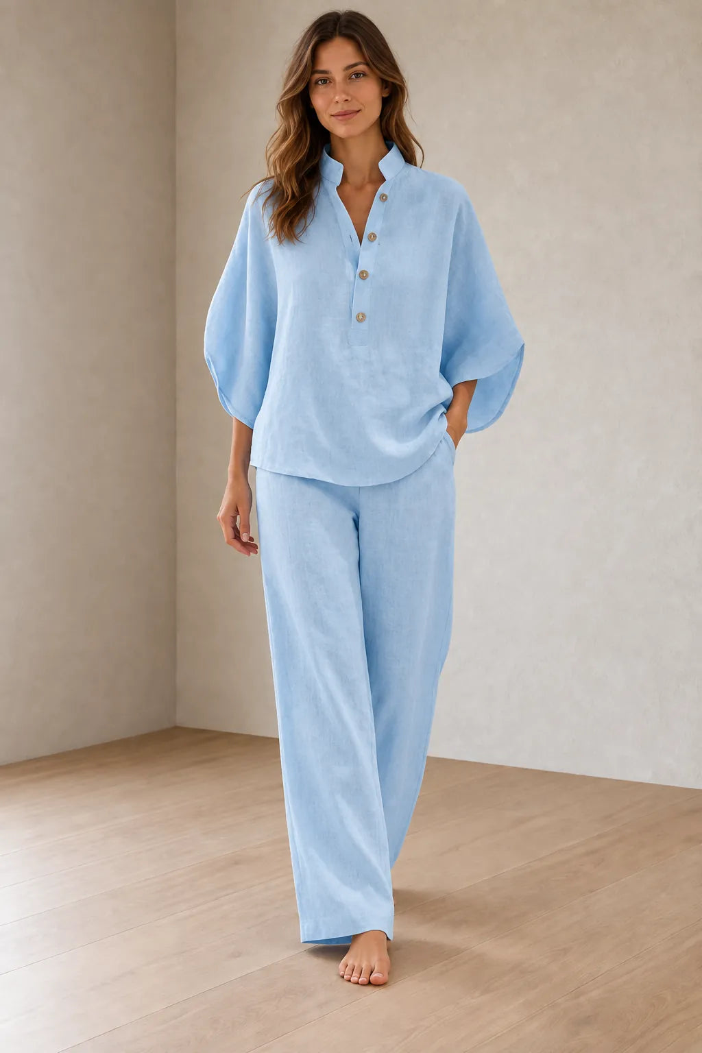 Women's Linen Set - Stand Collar Button Top & Wide-Leg Pants - Light Blue