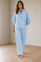 Women's Linen Set - Stand Collar Button Top & Wide-Leg Pants - Light Blue