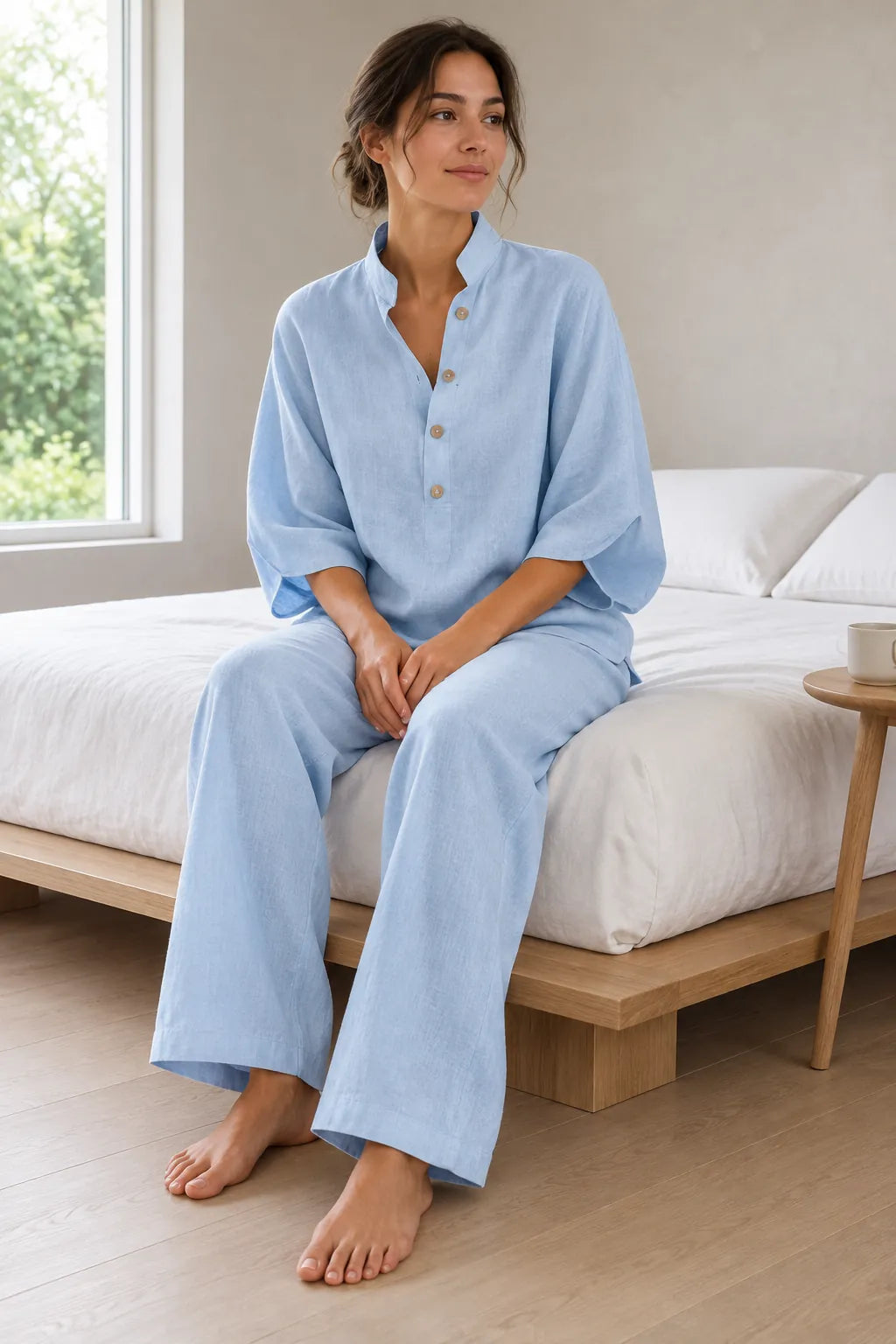 Women's Linen Set - Stand Collar Button Top & Wide-Leg Pants - Light Blue