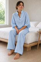 Women's Linen Set - Stand Collar Button Top & Wide-Leg Pants - Light Blue