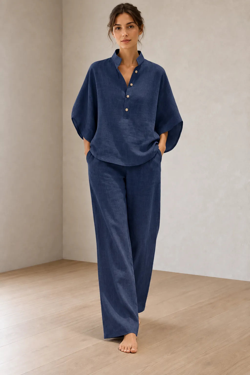 Women's Linen Set - Stand Collar Button Top & Wide-Leg Pants - Navy