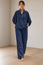 Women's Linen Set - Stand Collar Button Top & Wide-Leg Pants - Navy