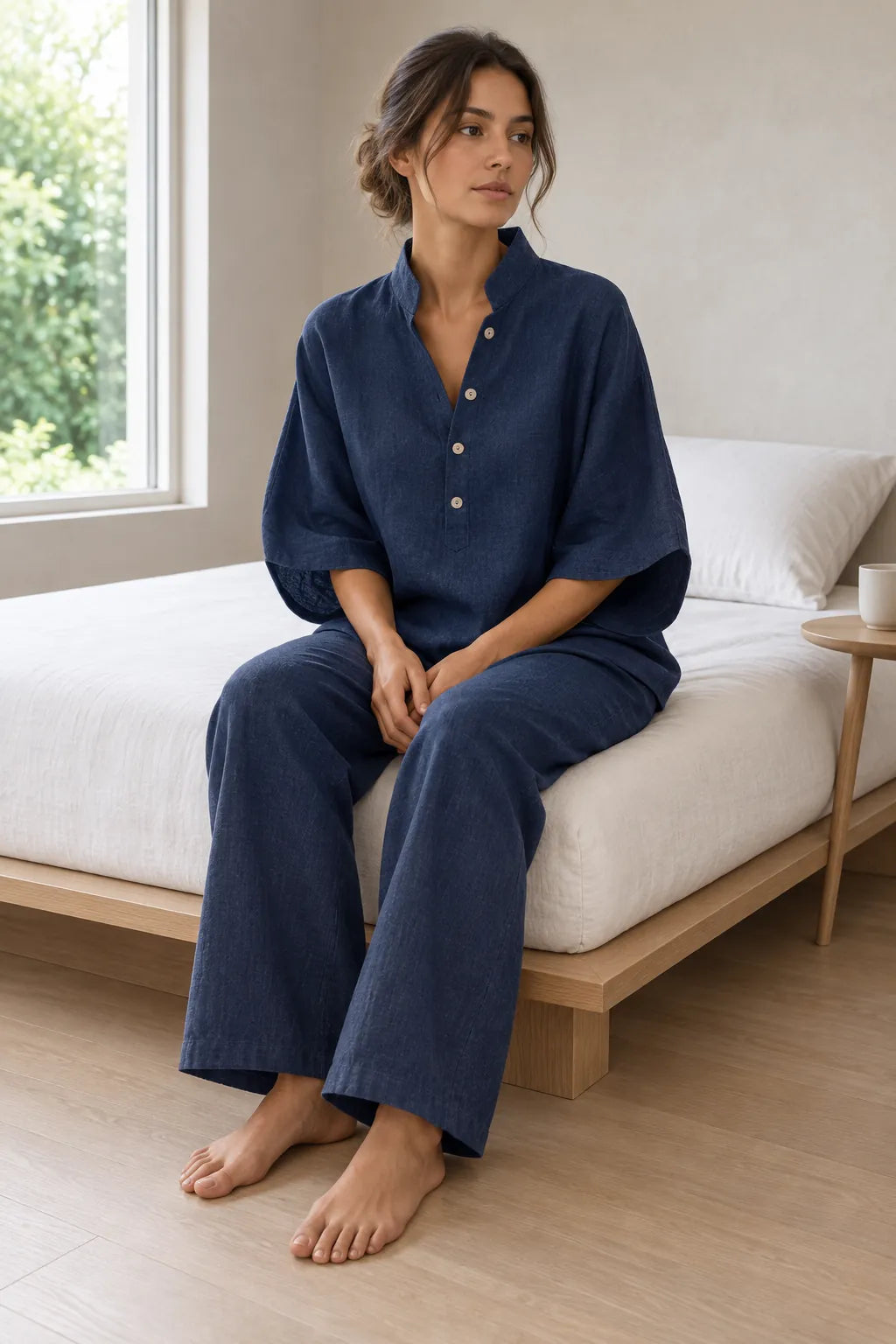 Women's Linen Set - Stand Collar Button Top & Wide-Leg Pants - Navy