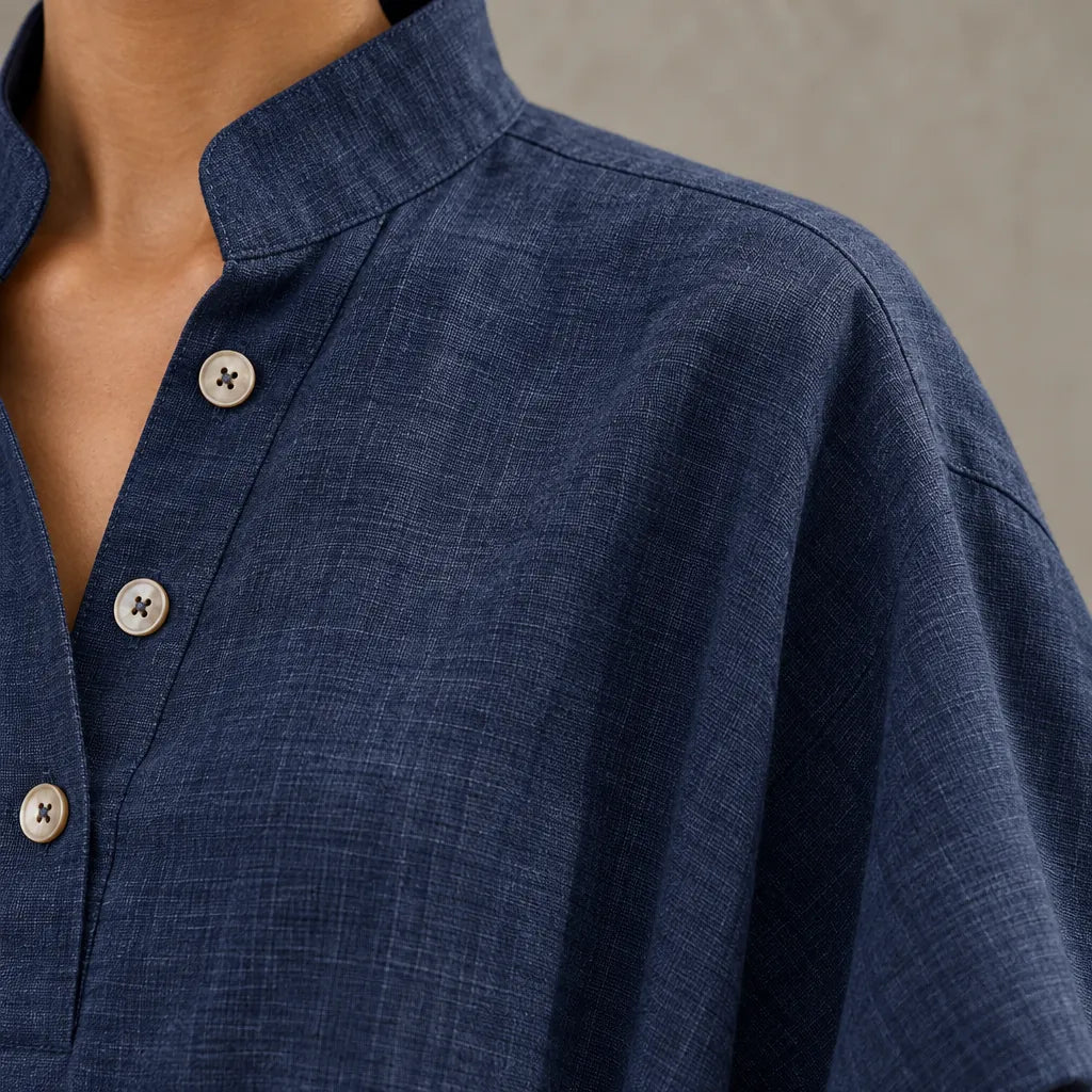 Women's Linen Set - Stand Collar Button Top & Wide-Leg Pants - Navy