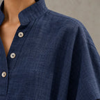 Women's Linen Set - Stand Collar Button Top & Wide-Leg Pants - Navy