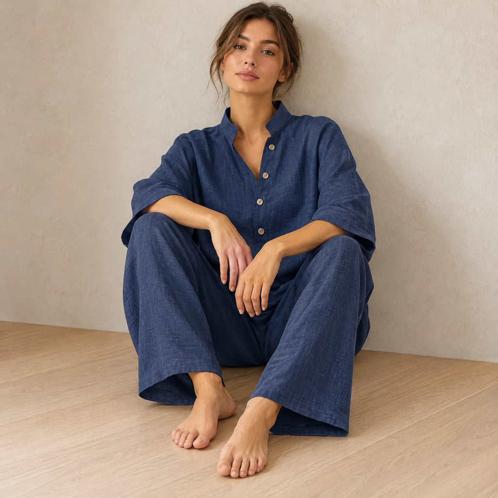 Women's Linen Set - Stand Collar Button Top & Wide-Leg Pants - Navy