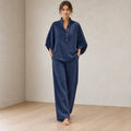 Women's Linen Set - Stand Collar Button Top & Wide-Leg Pants - Navy