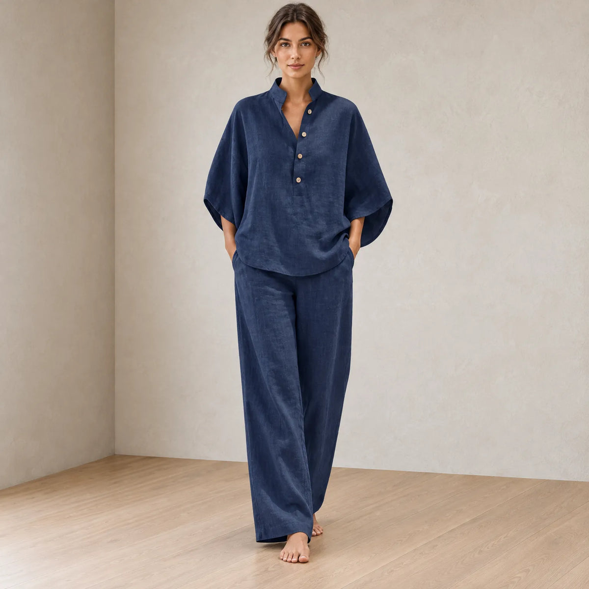 Women's Linen Set - Stand Collar Button Top & Wide-Leg Pants - Navy