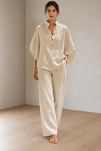 Women's Linen Set - Stand Collar Button Top & Wide-Leg Pants - Sand