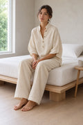 Women's Linen Set - Stand Collar Button Top & Wide-Leg Pants - Sand