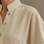 Women's Linen Set - Stand Collar Button Top & Wide-Leg Pants - Sand