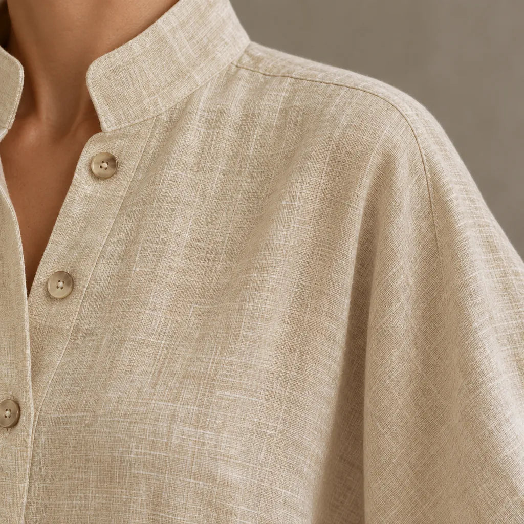 Women's Linen Set - Stand Collar Button Top & Wide-Leg Pants - Sand