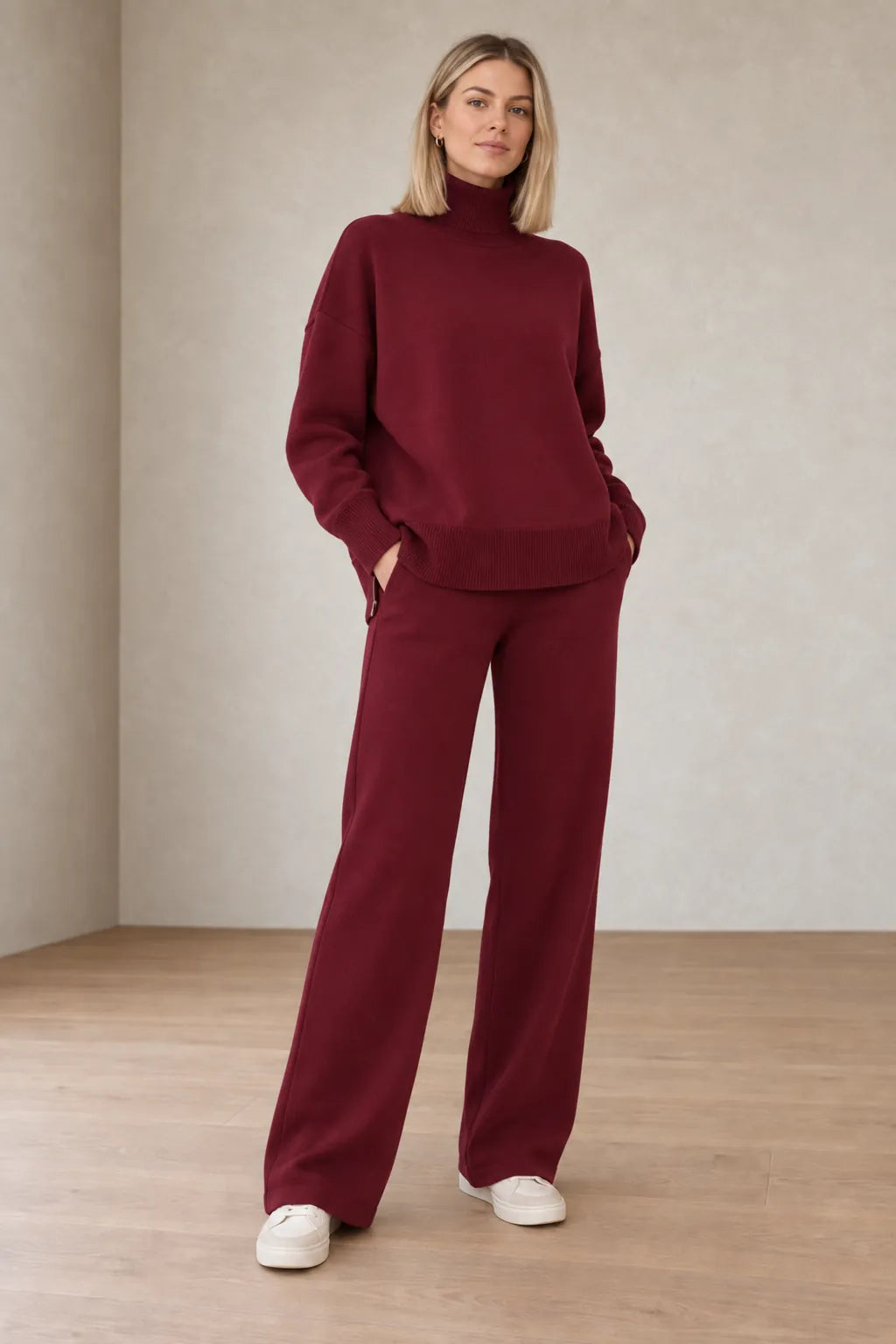 Women's Turtleneck Lounge Set - Long Sleeve Top & Straight-Leg Pants - Burgundy