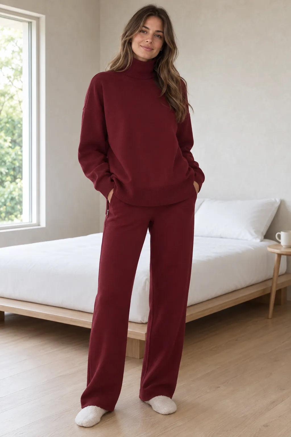 Women's Turtleneck Lounge Set - Long Sleeve Top & Straight-Leg Pants - Burgundy