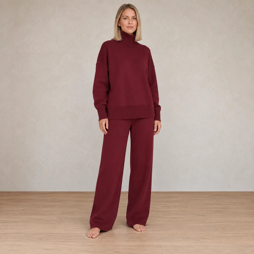 Women's Turtleneck Lounge Set - Long Sleeve Top & Straight-Leg Pants - Burgundy