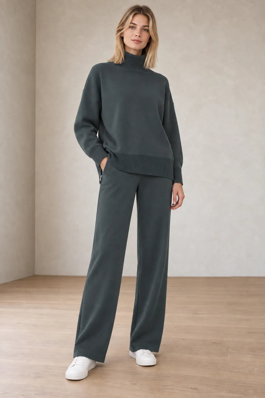 Women's Turtleneck Lounge Set - Long Sleeve Top & Straight-Leg Pants - Charcoal
