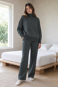 Women's Turtleneck Lounge Set - Long Sleeve Top & Straight-Leg Pants - Charcoal