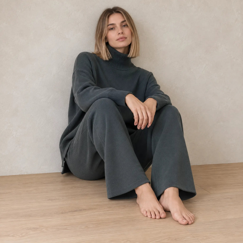 Women's Turtleneck Lounge Set - Long Sleeve Top & Straight-Leg Pants - Charcoal