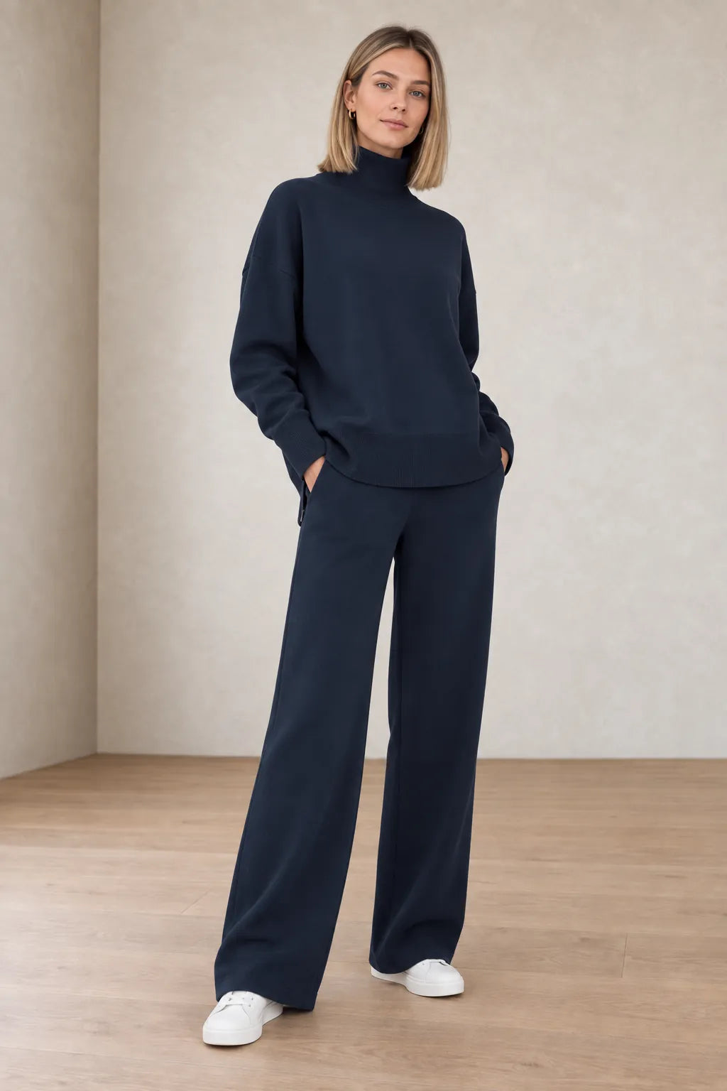 Women's Turtleneck Lounge Set - Long Sleeve Top & Straight-Leg Pants - Navy