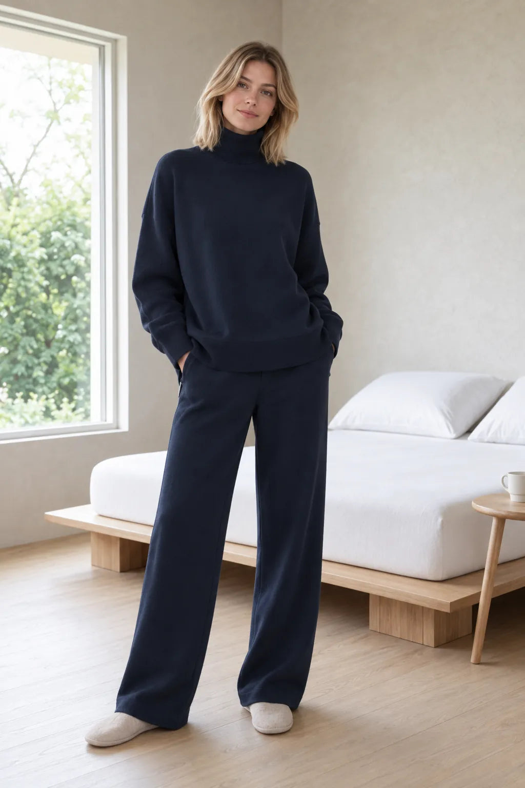 Women's Turtleneck Lounge Set - Long Sleeve Top & Straight-Leg Pants - Navy
