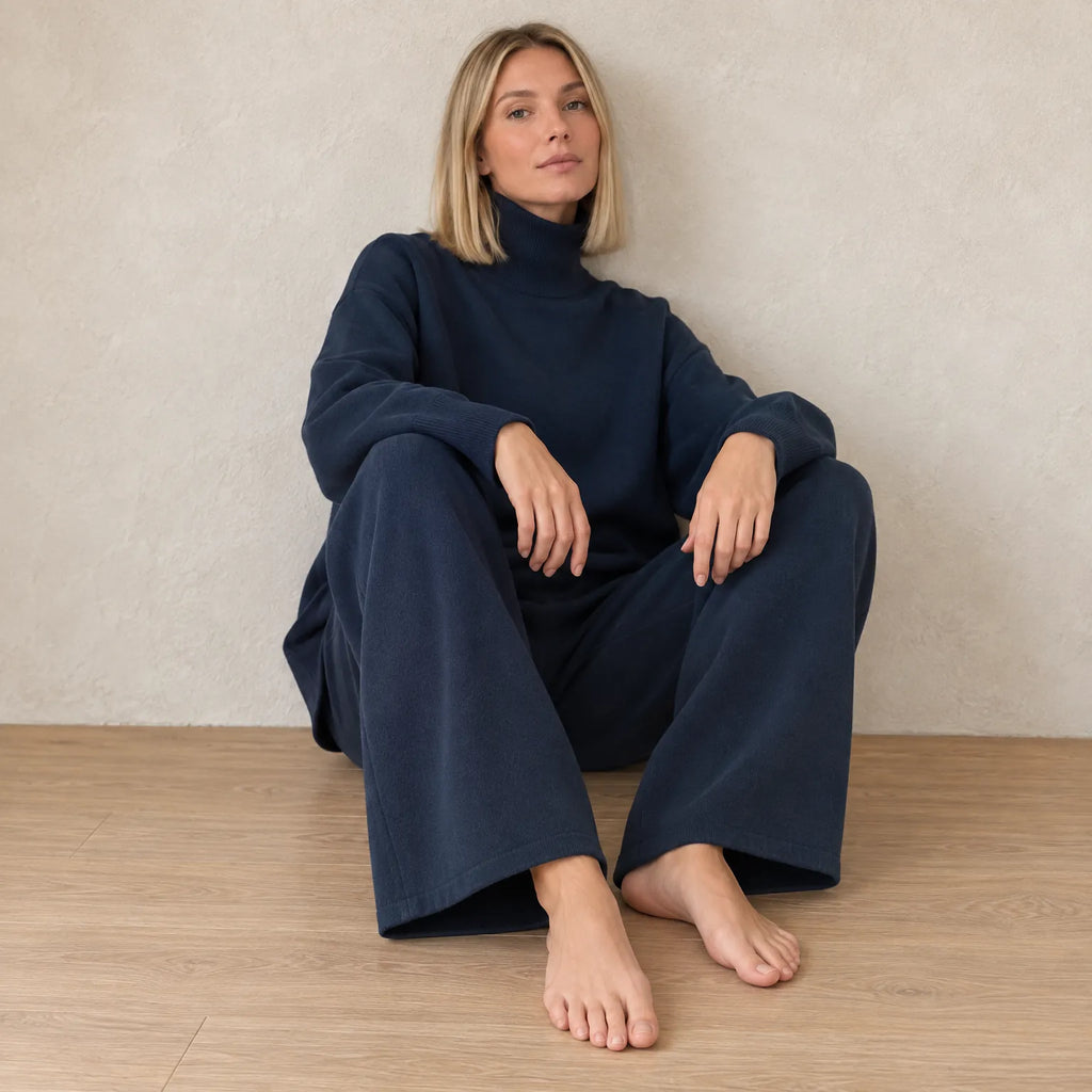 Women's Turtleneck Lounge Set - Long Sleeve Top & Straight-Leg Pants - Navy