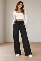 Women's Wide-Leg Sweatpants - High Waist Drawstring Lounge Pants with Pockets - Black