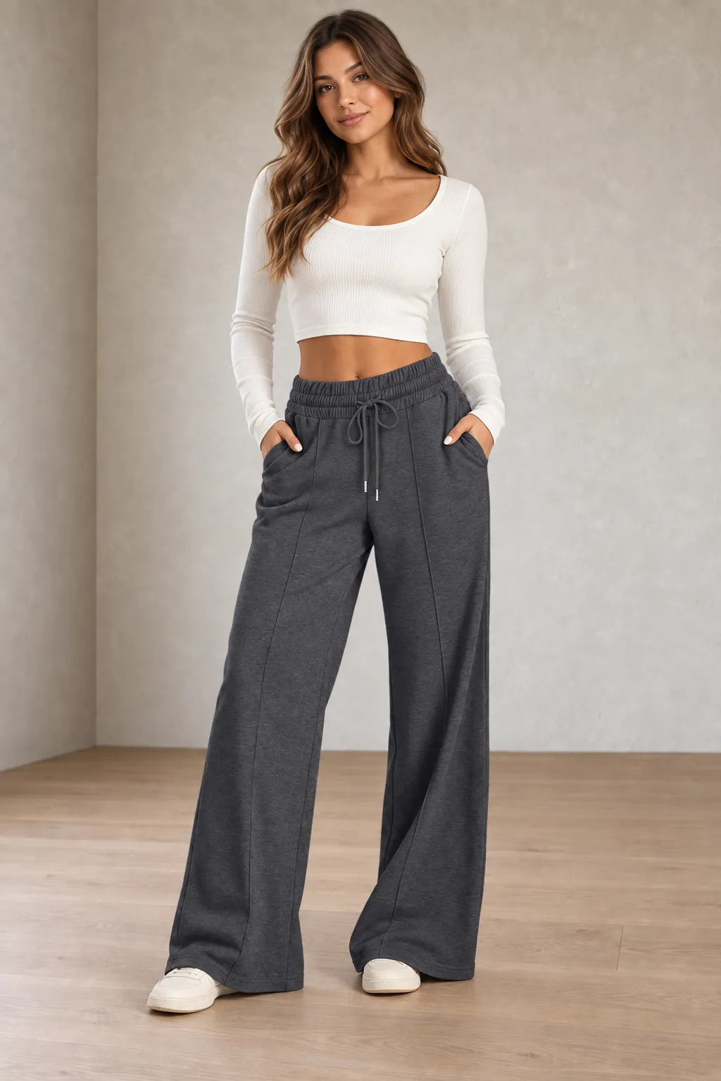 Women's Wide-Leg Sweatpants - High Waist Drawstring Lounge Pants with Pockets - Charcoal